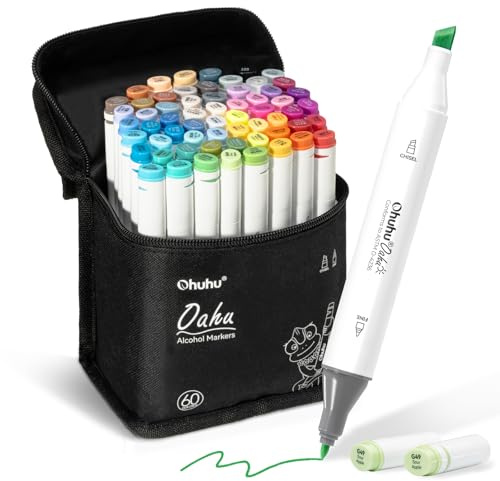Ohuhu Alkoholmarker 60 Färger, Dubbelspets Mejselspets & Fin Spets Permanent Konstmarker för Manga Målning Färgläggning Med Bärkasse Oahu Series