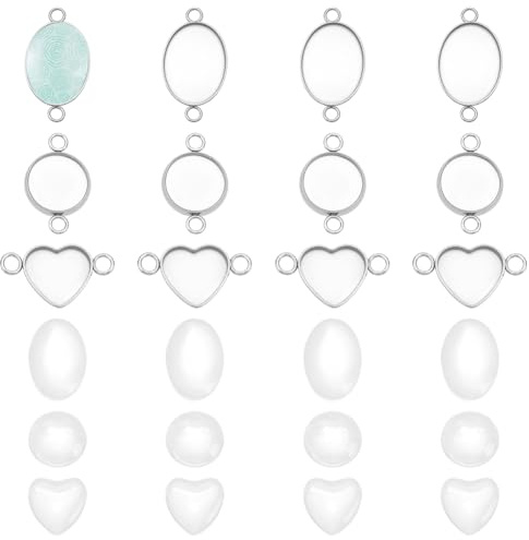 UNICRAFTALE 30 Sets Oval/Flat Round/Heart Lünettenrohlinge Edelstahl Rohlinge Mit Cabochons Cabochon Steckverbindereinstellung Anhänger Lünettenschalen Für Die Herstellung von Cabochon Schmuck
