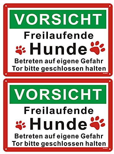 Andchi 2 Stück Achtung Hunde Schild, Freilaufender Hund Schild Metall, ''VORSICHT Freilaufende Hunde Betreten auf eigene Gefahr Tor bitte geschlossen halten'', 30 x 20 cm Aluminium-Metallschild