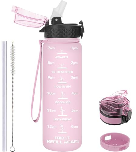 GOPPUS 500ml/17oz Borraccia per Bambini con Cannuccia Senza BPA Borraccia per Bevande a Tenuta Stagna per Scuola Tritan Borraccia Sportiva Riutilizzabile con Marcature del Tempo con 2 Coperchi