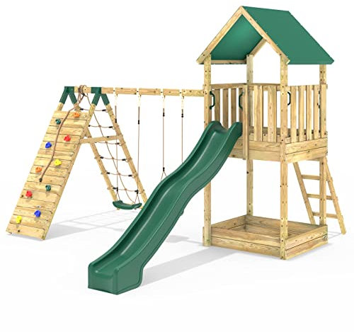 Rebo® Children's Modular Wooden Climbing Frame Adventure Playset - Swing and Climb Haldon | OutdoorToys | Sturdy Wooden Construction, Pressure Treated Timber
