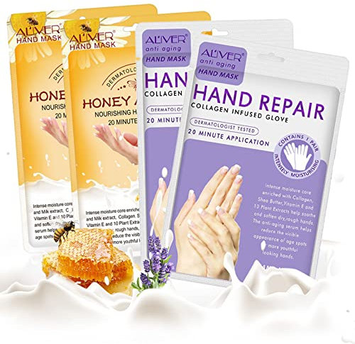 CCKULOOB Hand Mask, 4 Pairs Moisturizing Hand Mask Hand Skin Repair Renew Mask that Enriched with Collagen, Shea Butter, and Vitamin-E to Revive Dry, Rough and Cracked Skin (2 Lavender +2 Honey)