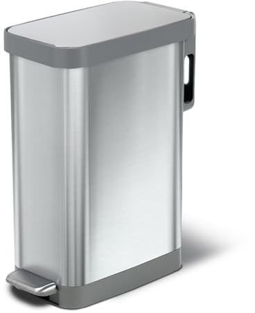 Glad Slim Trash Can with Clorox Odor Protection - Narrow Kitchen Garbage Bin with Soft Close Lid, Step On Foot Pedal and Waste Bag Roll Holder, All Stainless, 12 Gallon/45 Liter