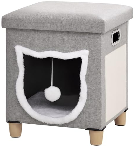 PawHut Niche pour Chats, Maison pour Chats avec Coussin, lit pour Chats avec Tapis grattoir, ottomane, Niche Douillette avec Balle de Jeu, Niche pour Chats antidérapante, Polyester, Gris, 35,5 x 35,5