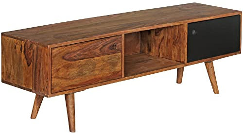 möbelando TV Lowboard REPA 140 cm Massiv-Holz Sheesham Landhaus 2 Türen & Fach | HiFi Regal braun/schwarz 4 Füße | Fernseher Kommode Vintage