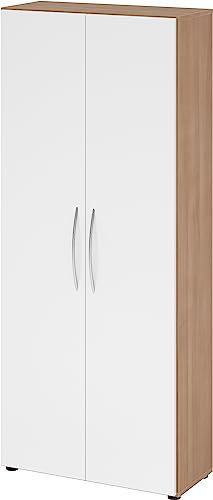 bümö Mehrzweckschrank 80cm breit, Aktenschrank o. Schuhschrank hoch, Schrank mit Regal, Küchenschrank in Nussbaum/Weiß aus Holz, Vorratsschrank & Haushaltsschrank mit Metallgriffen