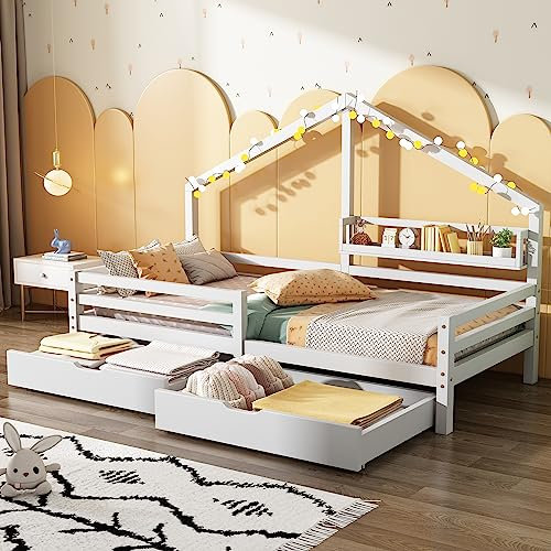 Kinderbett 90x200 cm Hausbett mit Zwei Großen Schubladen und Rausfallschutz, Weiß Kiefernholz Holzbett Einzelbett Jugendbett mit Massivholz Lattenrosten und Ablageregal für Kinder, Ohne Matratze