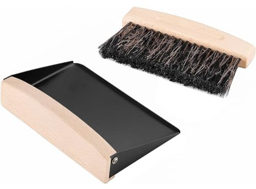 POFET Ensemble de Petites pelles à poussière et brosses en Bois, Brosse à poussière en métal, Ensemble de brosses pour Table, Brosse compacte en CRIN de Cheval, Balayage de comptoir, Noir