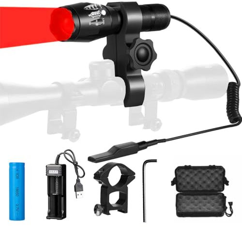 YZYOE Rechargeable Red Light Tactical Flashlight，500 Yard Red Hunting Light Zoomable Flashlight Hog Predator Lights with Pressure Switch Universal Picatinny Rail Mount kit.