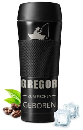 Maverton Kaffeebecher mit Gravur 450 ml - Reisebecher mit Anti-Rutsch-Griff und Quick-Press-Verschluss - Thermobecher Edelstahl auslaufsicher 100% dicht - für Männer zum Geburtstag - schwarz - Fischer