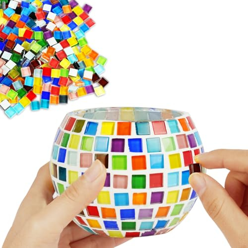 AUAUY Glasmosaik Kerzenhalter Kit, Mosaik Bastelset, DIY Mosaik Lampe | Kinder Mosaiksteine, Mädchen Mosaikfliesen, Kreativ Geburtstagsgeschenk, für Kinder Erwachsene, Handgefertigte Kunstwerke