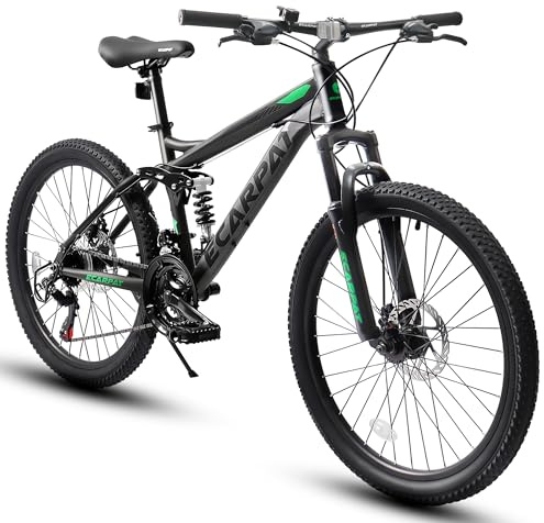 Ecarpat 26 inch Full Suspension Mountain Bike, 21-Speed Mountain Bicycle with Dual Disc Brakes, Steel Frame MTB Bike for Adult Mens Outdoor, Gray