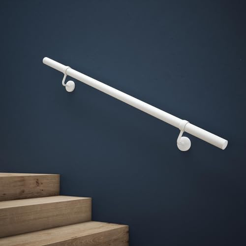 Rothley Matt White Stair Hand Rail Kit 1.2M - Internal Staircase Steel Banniser, KMW1200 | Includes wall brackets, end caps and Fischer plugs for quick, drill-free assembly, with a cut-to-size design that won't rust.