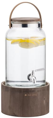 Navaris Dispenser per Bevande 5,6 L - Distributore Acqua Fredda e Bibite con Rubinetto - Caraffa Contenitore con Coperchio Ermetico - Brocca in Vetro con Stand e Manico - Marrone