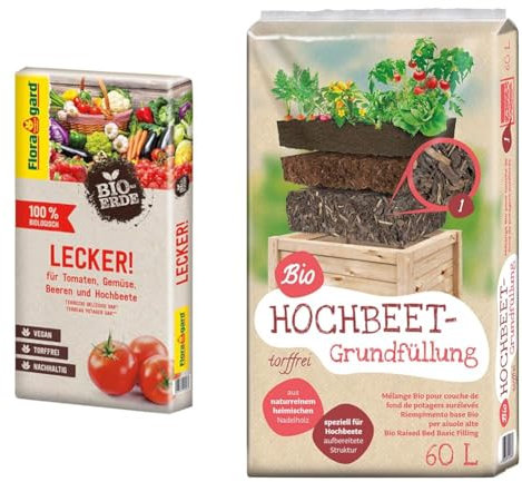 Floragard Bio-Erde Lecker 40 Liter - Gemüseerde für Hochbeete, Tomaten, Chili, Beeren, Gurken, Kräuter - torffrei und vegan & Universal Bio Hochbeet-Grundfüllung 60 Liter, Erdfarben