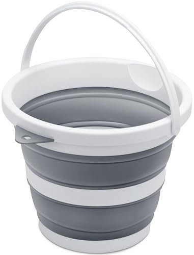 Collapsible Cleaning Bucket/Pail - Space-Saving, Portable Foldable Plastic Water Container/Pot for Garden, Beach, Car Wash, Camping, Fishing (Grey, 5L)