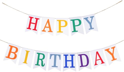 G2PLUS Weiß Happy Birthday Girlande Leinen, Vintage Geburtstag Wimpelkette mit Bunt Happy Birthday für Boho oder Vintage-Geburtstagsmottos