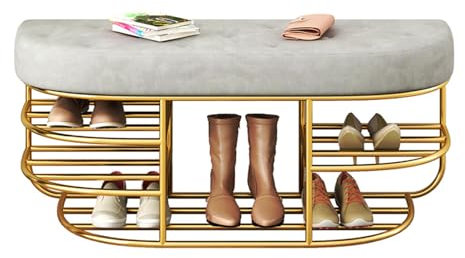 MARIYCH Moderne Aufbewahrungsbank für den Eingangsbereich, mit Samt gepolsterte Schuhbank mit goldenem Schuhregal, Schuhregalbank für den Flureingang