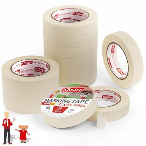 XFasten White Masking Tape 1 Inch Wide x 165 Feet (12-Pack, 1,980 Feet Total) Residue-free, Easy-to-Tear Painters General Purpose Masking Tape Bulk for Artists, Painting, Art, Teacher, School Supplies