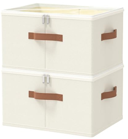 OUTBROS Cajas de Almacenaje con Tapa, 45x35x25 cm, Beige, 2 Piezas | Cajas para guardar ropa, Contenedor tela Plegables con Tapa para el hogar y la oficina
