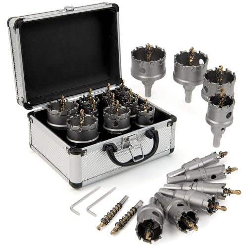 MAZING 16PCS TCT Hole Saw Kit for Hard Metal, 5/8-2-1/8 Carbide Tungsten Carbide Tipped Hole Saw Set, Heavy Duty Hole Cutter Set for Cutting Stainless Steel, Iron, Copper, Aluminum, Sheet Metal