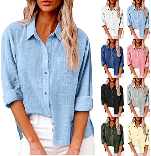 AEGJEGVD Chemise Lin Femme Manches Longues Chemisier Coton et Lin pour Femmes Col en V Bouton Tops Couleur Unie Respirant T-Shirts Chemisiers et Blouses Grande Taille Pas Casual Tunique Blouse Soldes