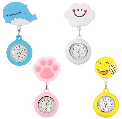 Shenrongtong Reloj de Bolsillo de 4pcs para Enfermeras, Reloj de enfermería con Segunda Mano, Lindo Reloj Digital, Clip en Reloj de Solapa de enfermería, Reloj Colgante para Enfermeras médicas