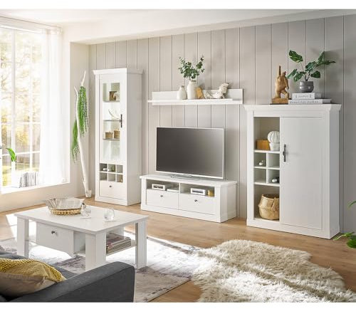 Lomadox Wohnwand Wohnmöbel Set, Pinie weiß, 5-teilig, Landhaus-Stil, Couchtisch, Vitrine, Wandboard, Lowboard, Highboard, inkl. LED-Beleuchtung