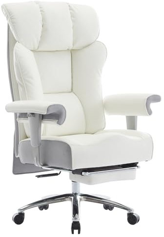 Efomao Desk Office Chair, High Back PU Leather Executive Office Chiar, Big and Tall Reclining Coumputer Chair with Footrest and Lumbar Support, White