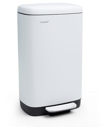 Crystals 30L Rectangular Slim Pedal Bin with Soft Close Lid – Compact Waste Bins for Bathroom, Kitchen, Toilet or Office – Hands-Free Rubbish Bin with Removable Inner Bucket, Modern Design (White)