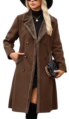 Yuson Girl Cappotto Donna Invernale Lungo Classico Doppiopetto Cappotto con Revers Autunno Invernale Caldo Cappotti Elegante Cappottino Trench Coat di Mezza Stagione con Tasche(Caffè scuro, M)