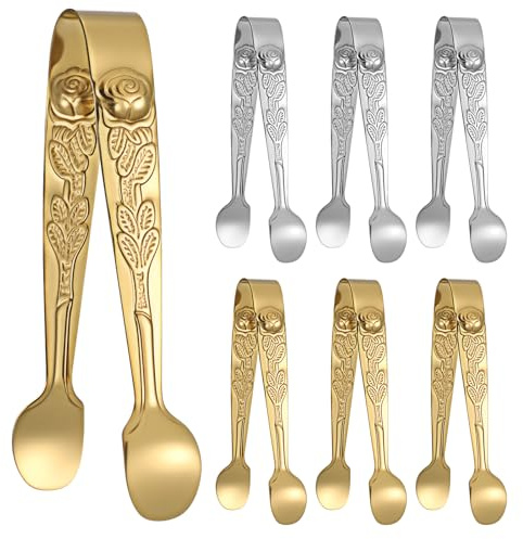 6PCS Mini Serving Tongs 4-Inch Sugar Cube Tongs Tiny Metal Tong Stainless Steel Rose Handle for Tea Party, Charcuterie Board, Appetizers, Desserts (Gold Silver)