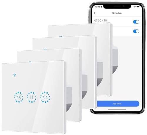 WiFi Interrupteur Volet Roulant Connecté,Interrupteur Tactile pour Rideau de Fenêtre,Avec Minuterie Et Commande Vocale,compatible avec Alexa, Google,Fil Neutre Requis (4pcs)