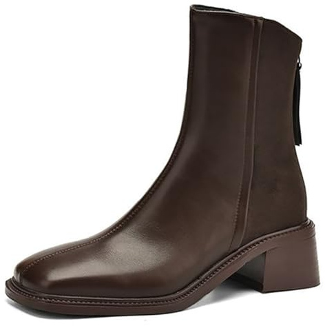 MiaZane Bottes Cheville Femme Talon Block Épais Bout Carré Classique Fermeture Éclair Dos Antidérapant Bottines Mode Bottes Courtes pour Automne & Hiver Travail Bureau Cuir,Marron,37 EU