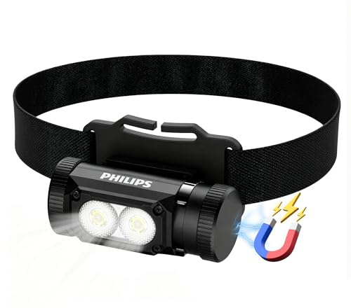 Philips SFL3255 LED Headlamp Rechargeable,1500 Lumens Super Bright Aluminium Magnetic Attraction Head Light Flashlight,Adults-Camping Accessories Gear,5 Modes for Outdoor Setting,USB Cable Included