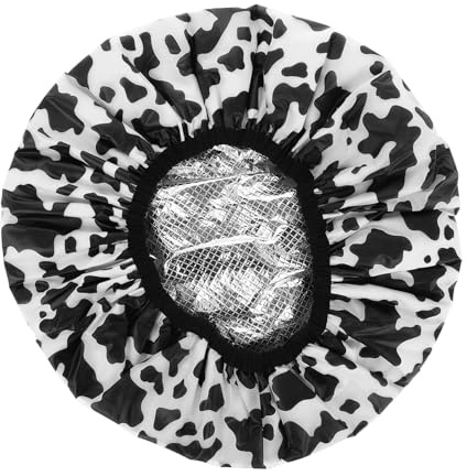 ULTECHNOVO Bonnet de Bain pour Soin Capillaire en Satin Imprimé Vache, Léger et Imperméable, Réutilisable Double Élastique pour Femme, Salon et Soin Cheveux