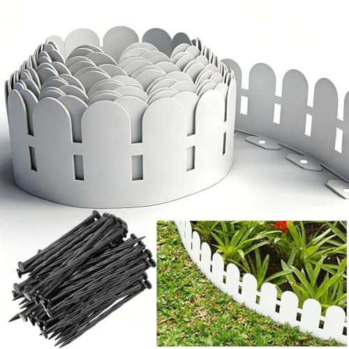 6M Flexible Garden Edging, 14.2cm Tall Landscape Edging Borders Plastic Garden Border, Tools-Free Border Edging Kit with 30pcs Anchoring Spikes for Lawns, Yards, Flowerbeds, White