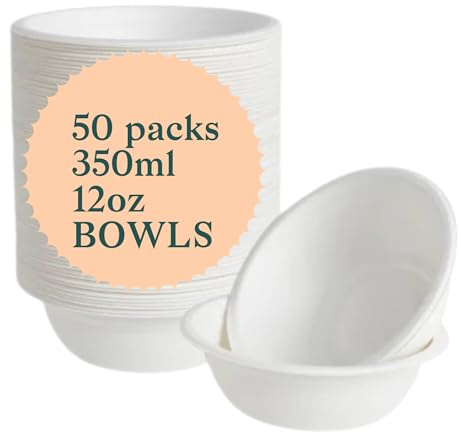 SHELBRO-50pcs x12oz Bagasse Disposable Bowls,eco Friendly Bagasse Products,100% Natural and Made from Sugarcane Pulp.Use for Salad, Side Dishes, ice Cream, Desserts,Rice etc.