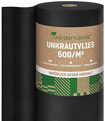 GardenGloss® 50m2 Unkrautvlies Gartenvlies gegen Unkraut – Unkrautfolie Wasserdurchlässig – Reißfestes Unkrautflies 50g/m2 – Hohe UV-Stabilisierung (50m x 1m, 1 Rolle)