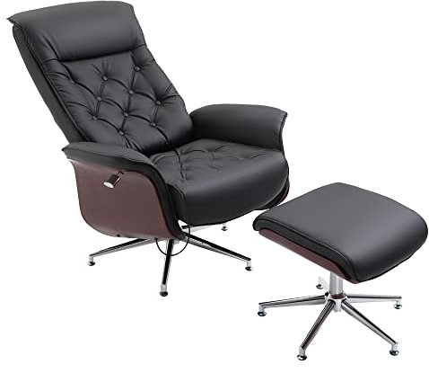 HOMCOM Relaxsessel mit Hocker Fernsehsessel Polstersessel 360° drehbar 145° neigbar mit Retro-Design Chesterfield PU-Bezug Holzverkleidung Metallfuß Schwarz 82 x 83 x 110 cm