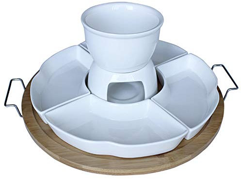 XCXDX Service À Fondue Au Fromage en Céramique Blanche, Assiette en Porcelaine Multifonctions, Bol À Collation Rond avec 4 Fourchettes