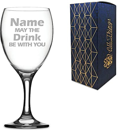 Personalised Engraved Name May the Drink be with You Novelty Wine Glass, Gift Boxed, Perfect for Birthdays and Christmas