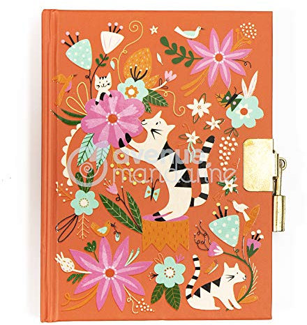 Avenue Mandarine - Ref CO206C - Private Diary with Padlock Closure - Cats & Flowers Design - 240 Ruled Pages, 110 x 140mm, Supplied with 2 Keys, Suitable for Ages 6+