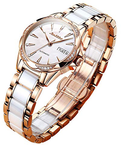 OLEVS Women's Stainless Steel Automatic Watch White Face Ceramic Watch for Women Rose Gold Band Day-Date Luxury Waterproof Diamond Dial Ladies Dress Watch No Battery Sapphire Crystal Glass