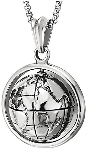 COOLSTEELANDBEYOND Herren Damen Erde GlobusKarte Ball Kreis Anhänger Edelstahl Halskette mit 75cm Stahl Weizen-Kette, Biker, Beweglich