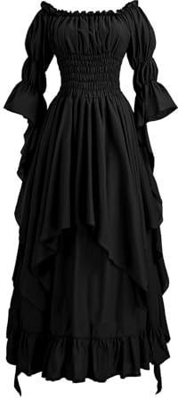 Bichingda Costume Renaissance pour femme - Robe victorienne asymétrique à manches bouffantes et épaules dénudées - Costume médiéval à volants