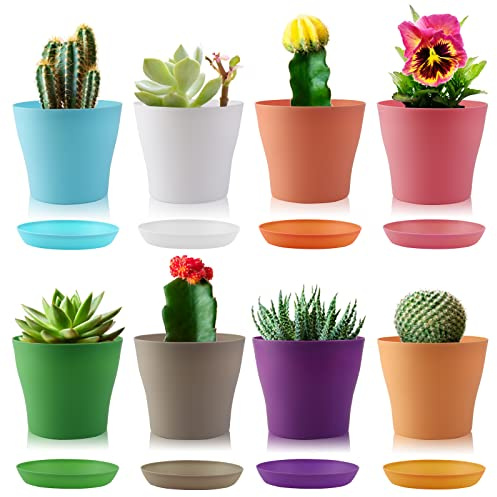 4 inch Small Plant Pots, Chetexus 8 Colors Plastic Planters with Drainage Holes and Saucers for Plants, Flower, Succulents, Seed Starting Pots (8 Pack)