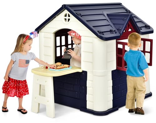 COSTWAY Kinder Spielhaus für bis zu 6 mit Pickniktisch, Türen und Fenstern, Kinderhäuschen Outdoor inkl. Spielzeugset und Regenschutzhülle, ideal für Jungen und Mädchen, 164 x 124 x 132 cm (Blau)