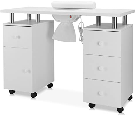 OmySalon Manicure Table Nail Desk for Nail Tech, Nail Table Beauty Salon Station w/Electric Dust Collector Acetone Resistant w/Lockable Wheel,Arm Rest