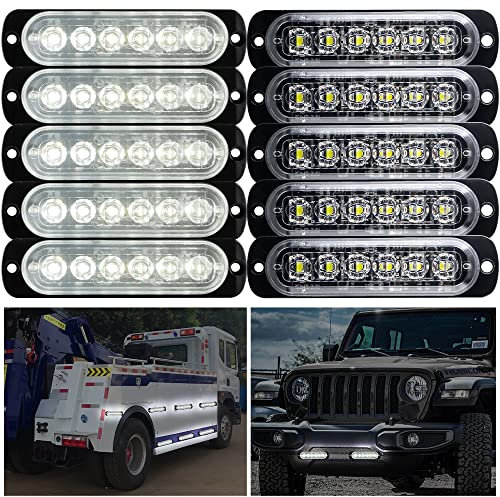 Yifengshun 10Pcs 6LED Lampe D'Avertissement Blanc Feux Stroboscopique Barre Lumineuse d'urgence 18 Flash Modes pour Voiture Camion Pickup VéHicule SUV Off Road Voiture De Police 12-24V